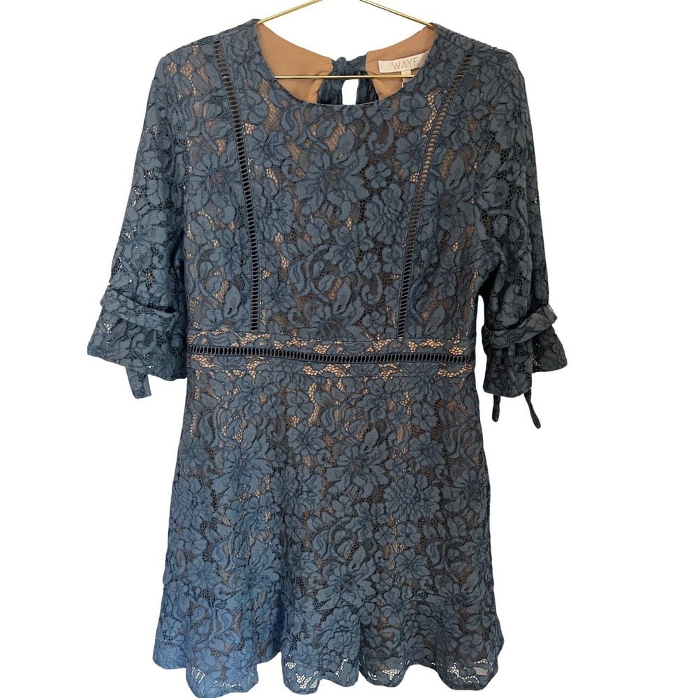 WAYF Blue Lace Bow Tie Open Back Flutter Bell Sleeve Mini Dress Size L